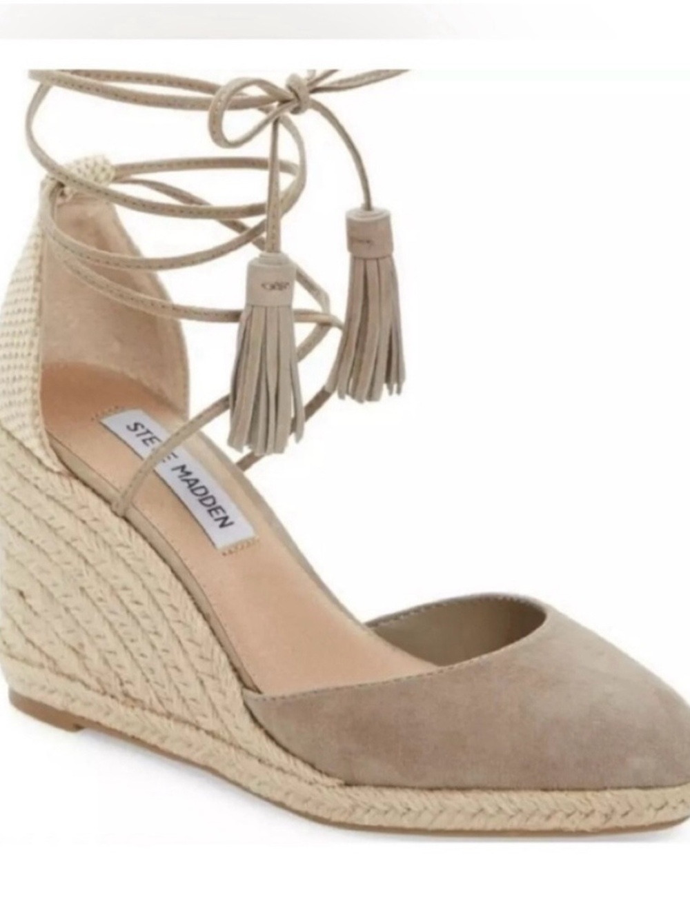 Steve Madden Taupe Suede Espadrille Wedge with Tassel Ankle Ties